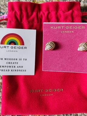 Kurt Geiger Pink Suede Pouch with White & Gold Enamel Stud Earrings